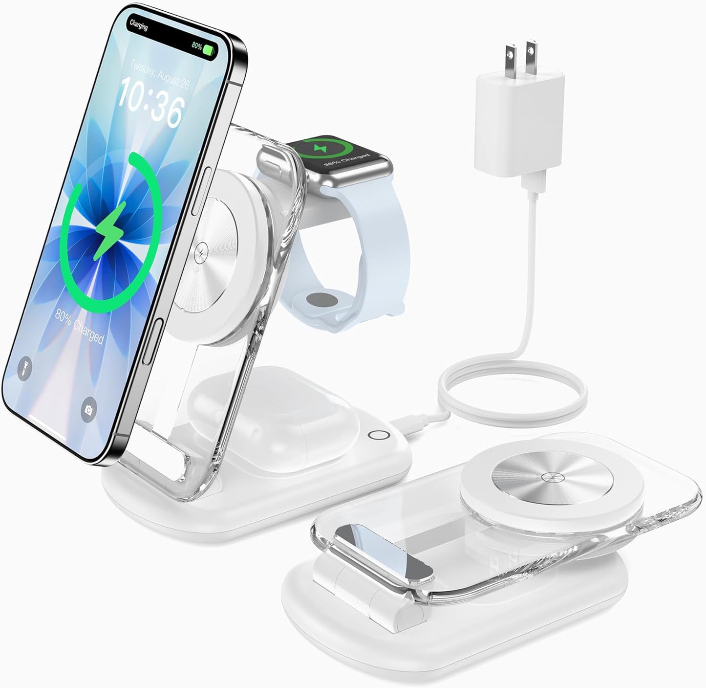 3 in 1 Magnetic Wireless Charging Station for Apple Devices, Fast Foldable Travel Mag-Safe Charger Stand with Night Light for iPhone 17 16 15 14 13 12 Series, Apple Watch/AirPods Pro