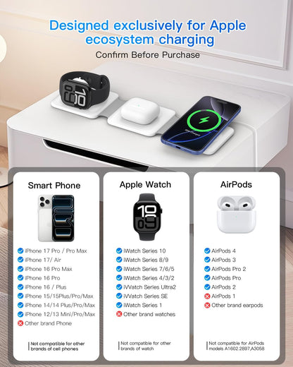 Charging Station for Apple Multiple Devices - 3 in 1 Foldable Magnetic Wireless Charger Dock - Travel Charging Pad for iPhone 16 15 14 13 12 Pro Max Plus Watch & Airpods