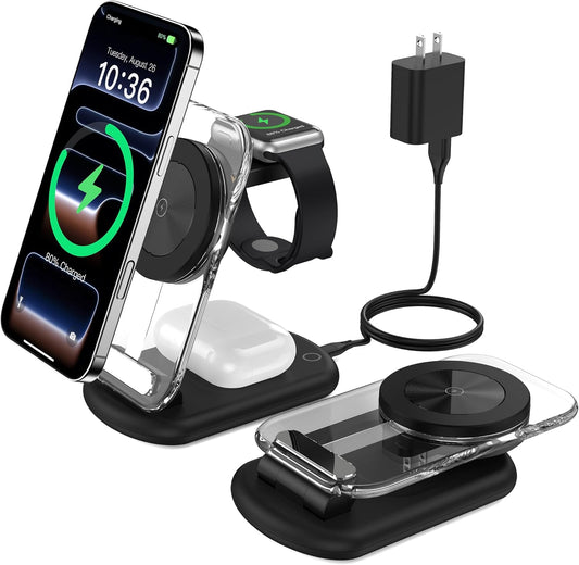 3 in 1 Magnetic Wireless Charging Station for Apple Devices, Fast Foldable Travel Mag-Safe Charger Stand with Night Light for iPhone 17 16 15 14 13 12 Series, Apple Watch/AirPods Pro
