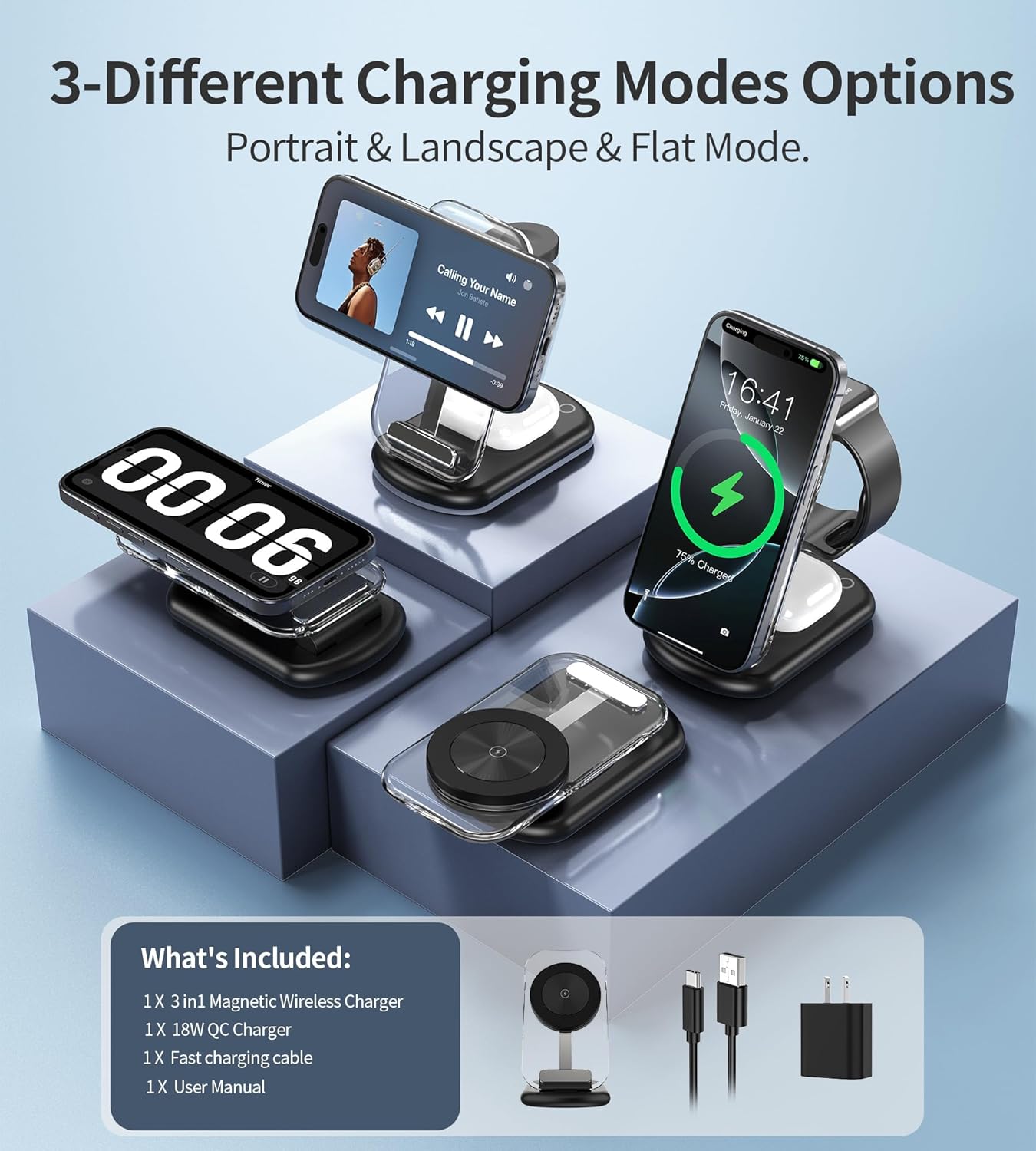 3 in 1 Magnetic Wireless Charging Station for Apple Devices, Fast Foldable Travel Mag-Safe Charger Stand with Night Light for iPhone 17 16 15 14 13 12 Series, Apple Watch/AirPods Pro