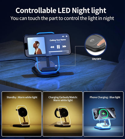 3 in 1 Magnetic Wireless Charging Station for Apple Devices, Fast Foldable Travel Mag-Safe Charger Stand with Night Light for iPhone 17 16 15 14 13 12 Series, Apple Watch/AirPods Pro