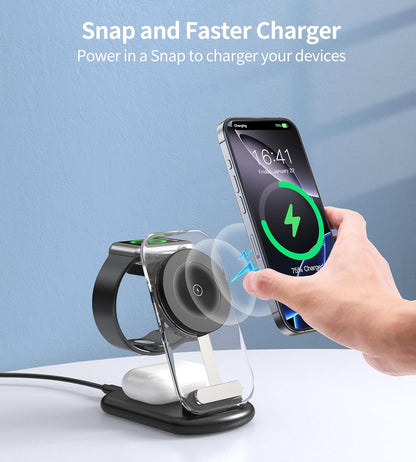3 in 1 Magnetic Wireless Charging Station for Apple Devices, Fast Foldable Travel Mag-Safe Charger Stand with Night Light for iPhone 17 16 15 14 13 12 Series, Apple Watch/AirPods Pro