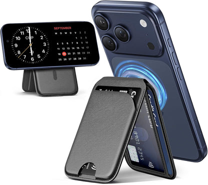 Mag-Safe Wallet Magnetic Wallet for Phone Lightweight Magnetic Phone Pouch Stand Adjustable Leather Mag-Safe Card Holder for iPhone 17/16/15/14/13/12 Series, Not for iPhone 13/12 Mini (Black)